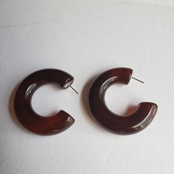VINTAGE Large Hoop Lucite Earrings Brown Resin - Picture 5 of 8